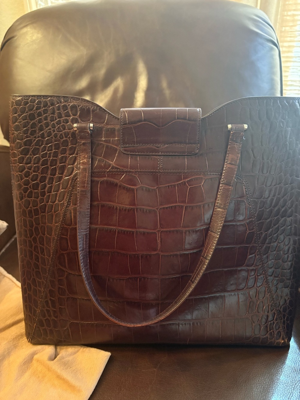 Monsac Brown Croc-Embossed Leather Tote Bag - Picture 3 of 13